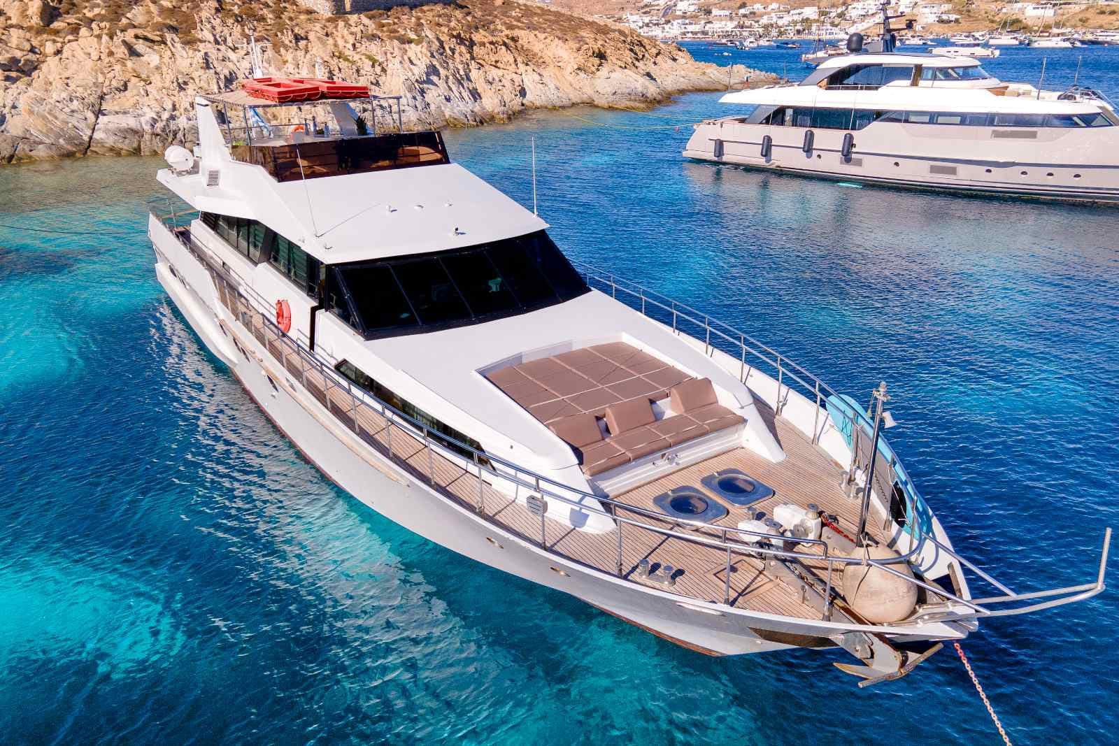Lady Mirto seen from above, at anchor in clear Aegean water