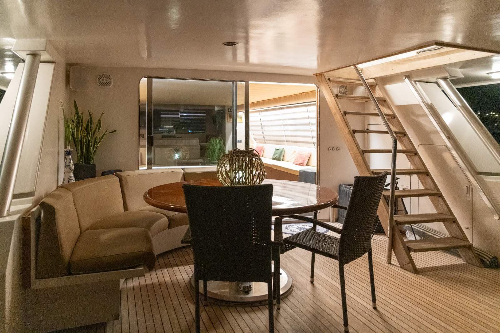 The aft deck of Lady Mirto at dusk