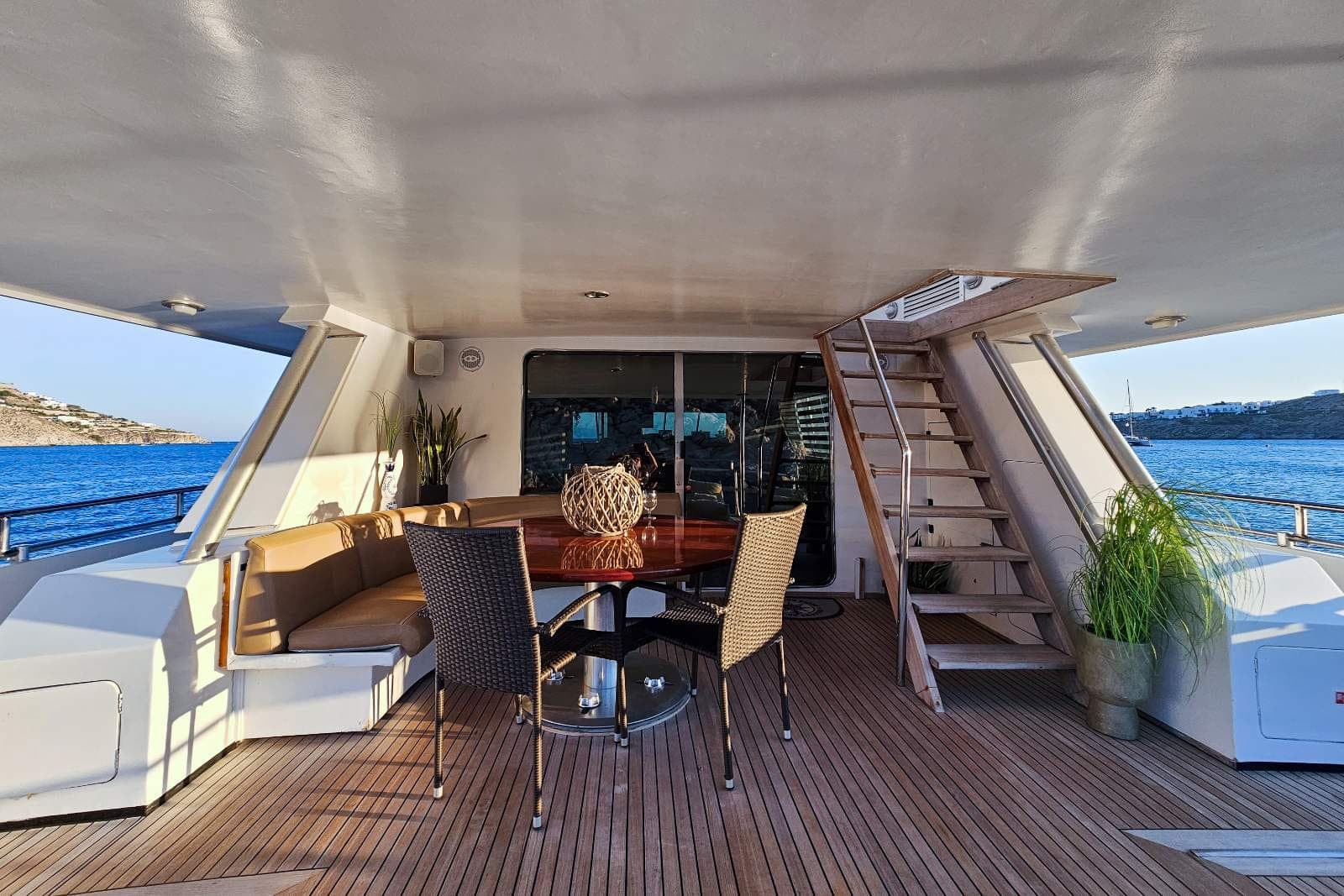 The aft deck of Lady Mirto laid for lunch at sea
