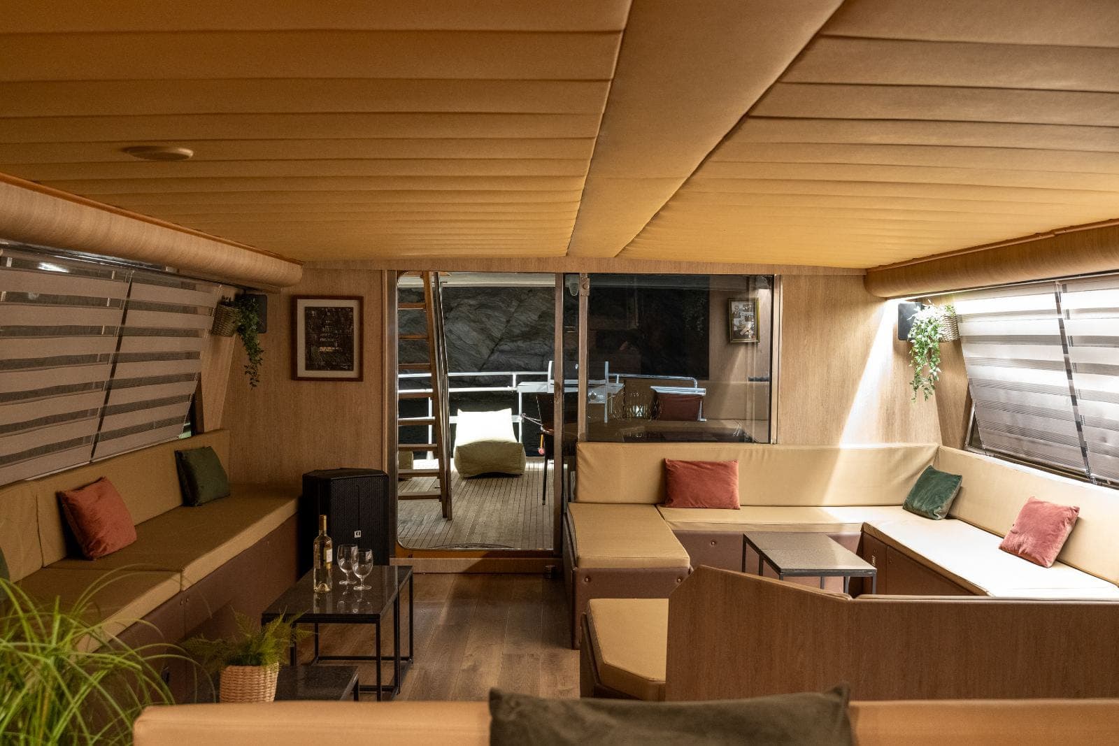 Lounge seating in the saloon aboard Lady Mirto