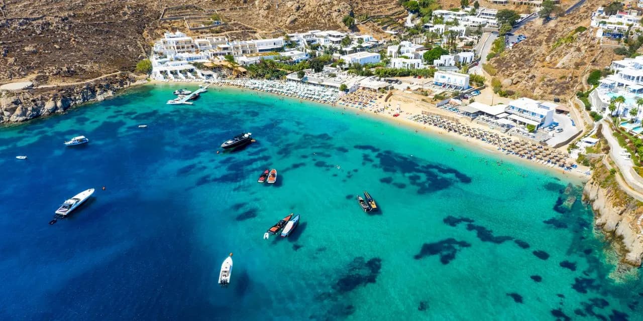 A sandy beach on the south coast of Mykonos
