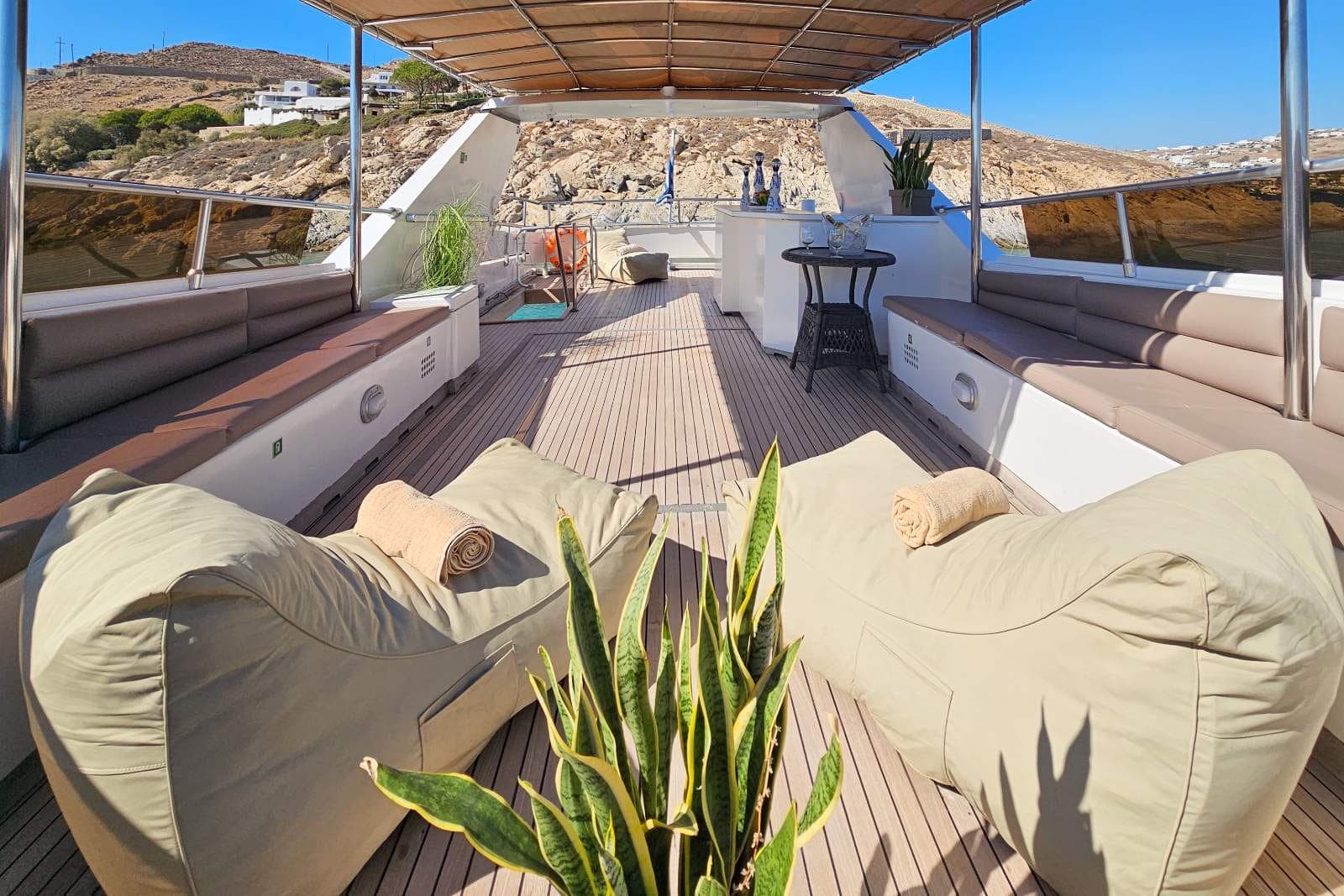 Sun loungers on the flybridge deck of Lady Mirto